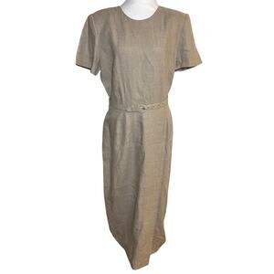 Vintage Maggy London 100% Linen Maxi Dress Beige Size 10 Belt 80s 90s Business